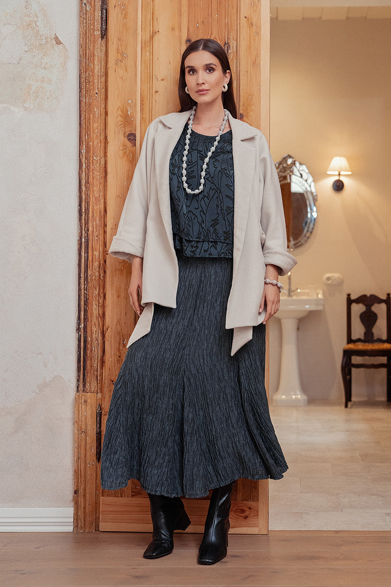 Flared Slate Crinkled Silk Skirt 8