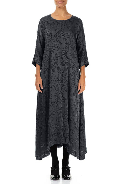 Flared Slate Devoré Feather Silk Dress