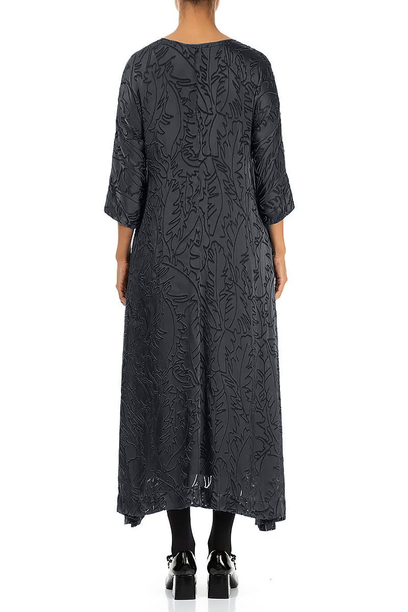 Flared Slate Devoré Feather Silk Dress 2
