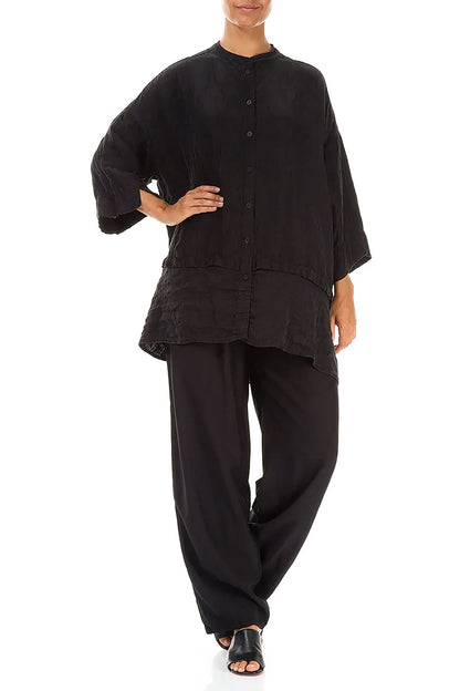 Flared Textured Black Silk Linen Shirt 4