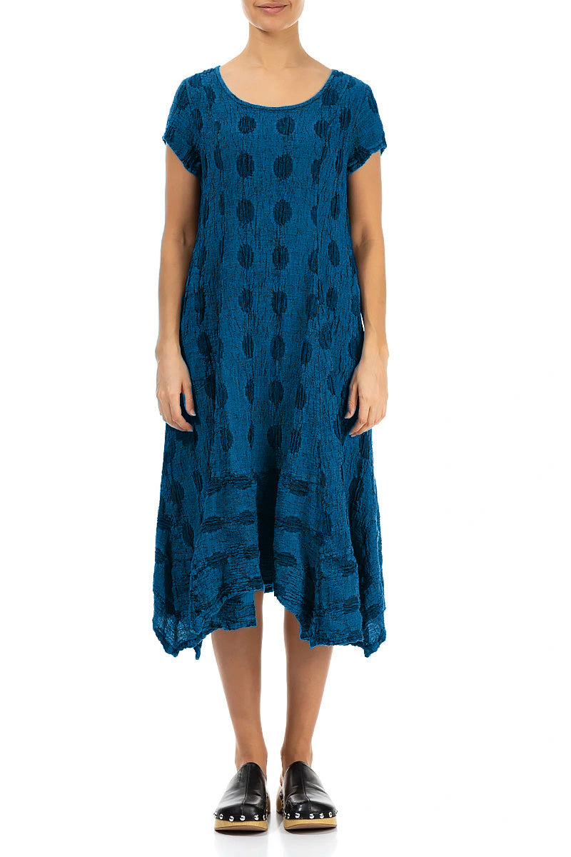 Flared Textured Bubbles Cobalt Blue Linen Dress 1