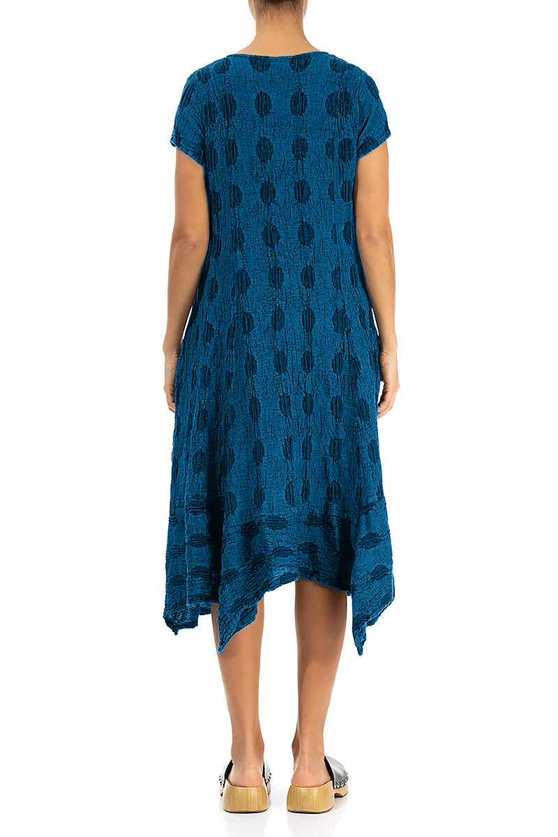 Flared Textured Bubbles Cobalt Blue Linen Dress 2