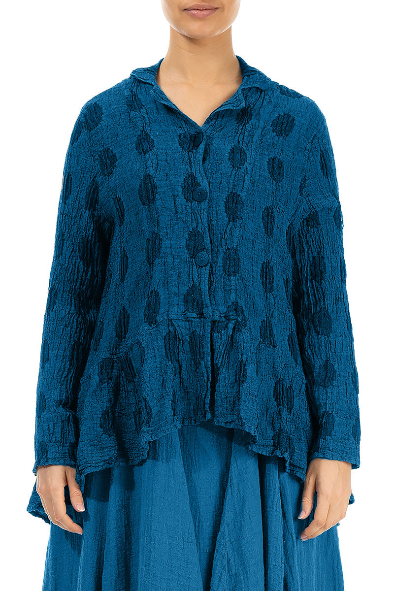 Flared Textured Bubbles Cobalt Blue Linen Jacket 1