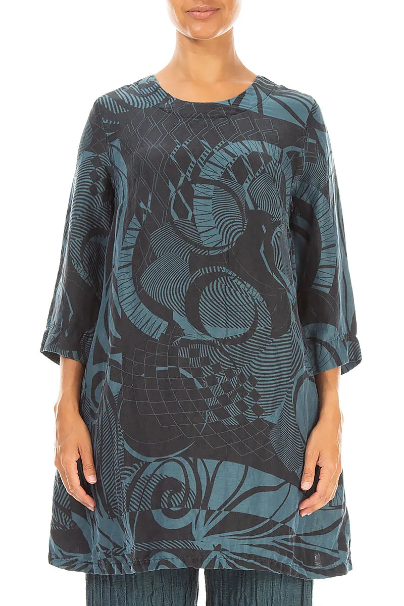 Flared Textured Deep Turquoise Orbit Silk Linen Tunic 1
