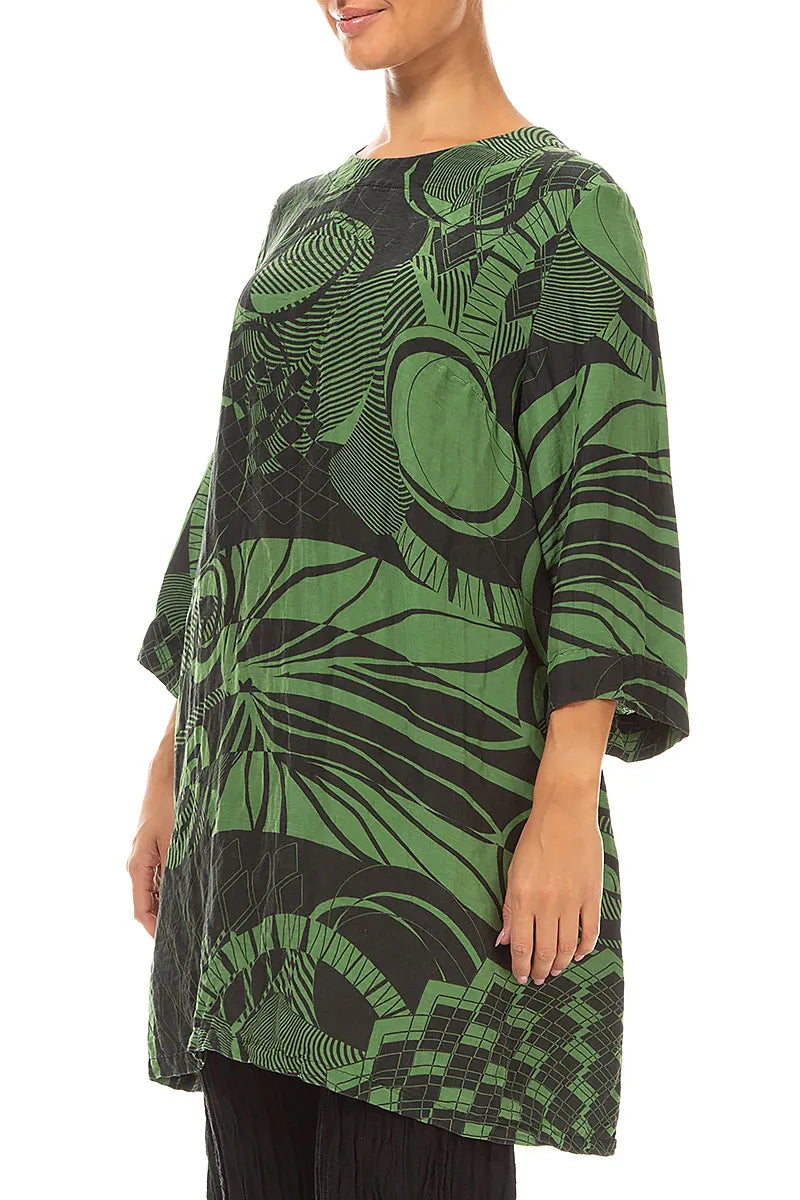 Flared Textured Shamrock Green Orbit Silk Linen Tunic 4