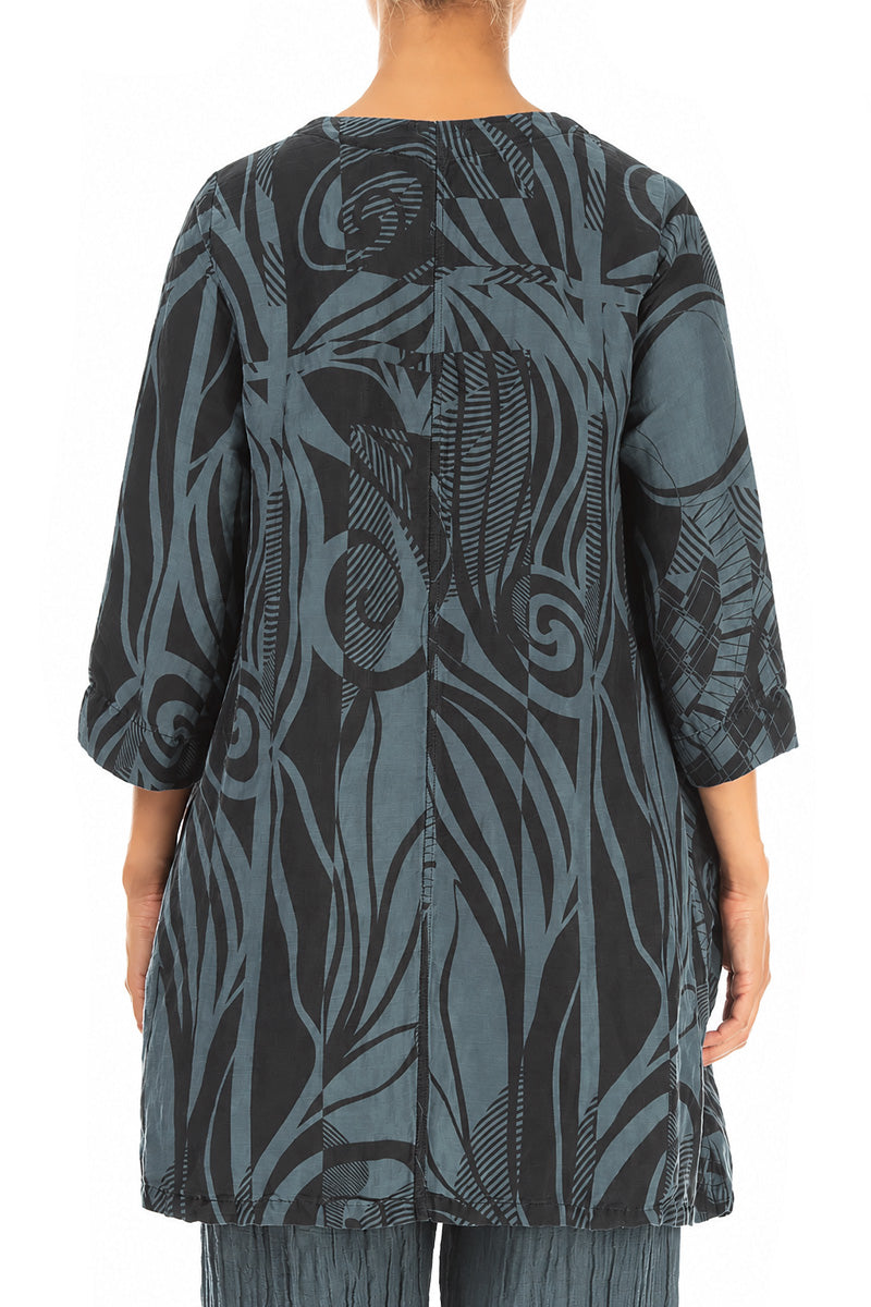 Flared Textured Slate Orbit Silk Linen Tunic 2
