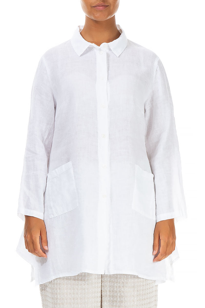 Flared Two Pockets White Linen Shirt 1