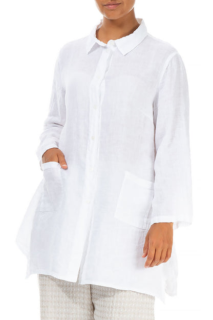Flared Two Pockets White Linen Shirt 3
