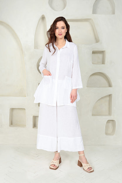 Flared Two Pockets White Linen Shirt 6