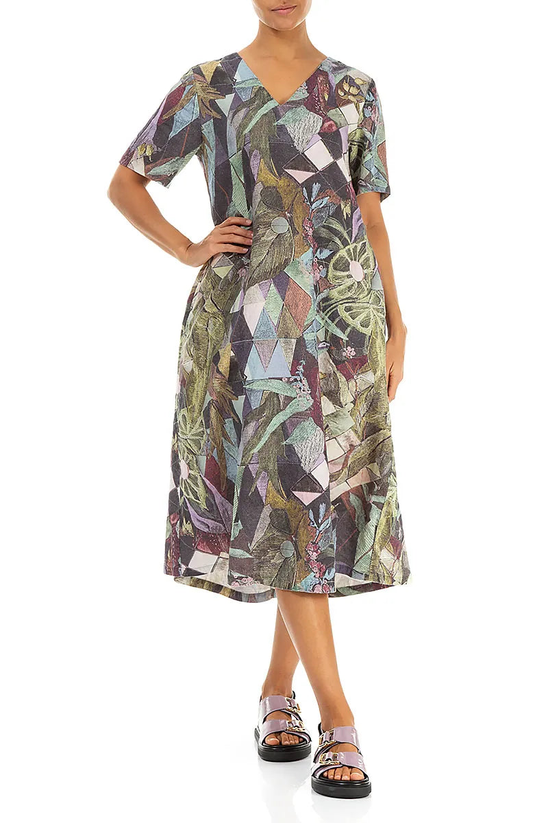 Flared V-Neck Art Mosaic Linen Dress 4