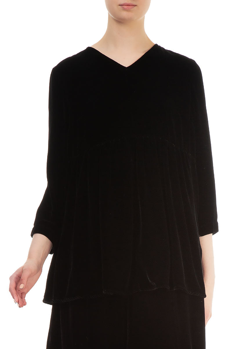 Flared V-Neck Black Silk Velvet Blouse 3