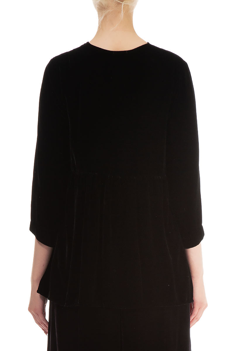 Flared V-Neck Black Silk Velvet Blouse 2