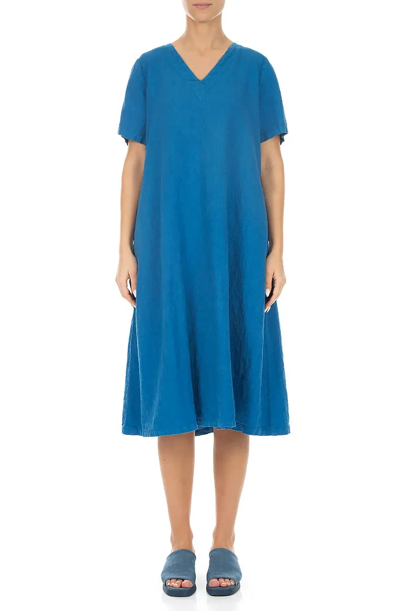 Flared V-Neck Cobalt Blue Linen Dress 1