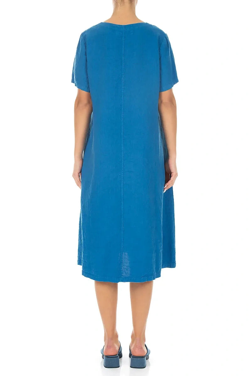 Flared V-Neck Cobalt Blue Linen Dress 2