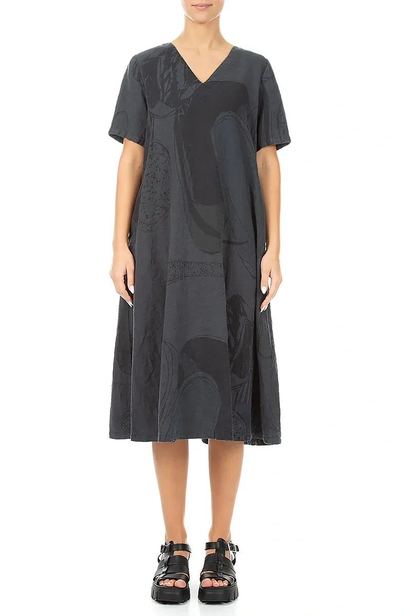 Flared V-Neck Graphite Tumbled Stone Linen Dress 1