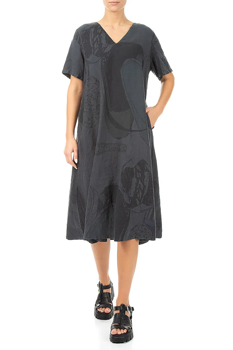 Flared V-Neck Graphite Tumbled Stone Linen Dress 3