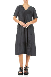 Flared V-Neck Graphite Tumbled Stone Linen Dress 4