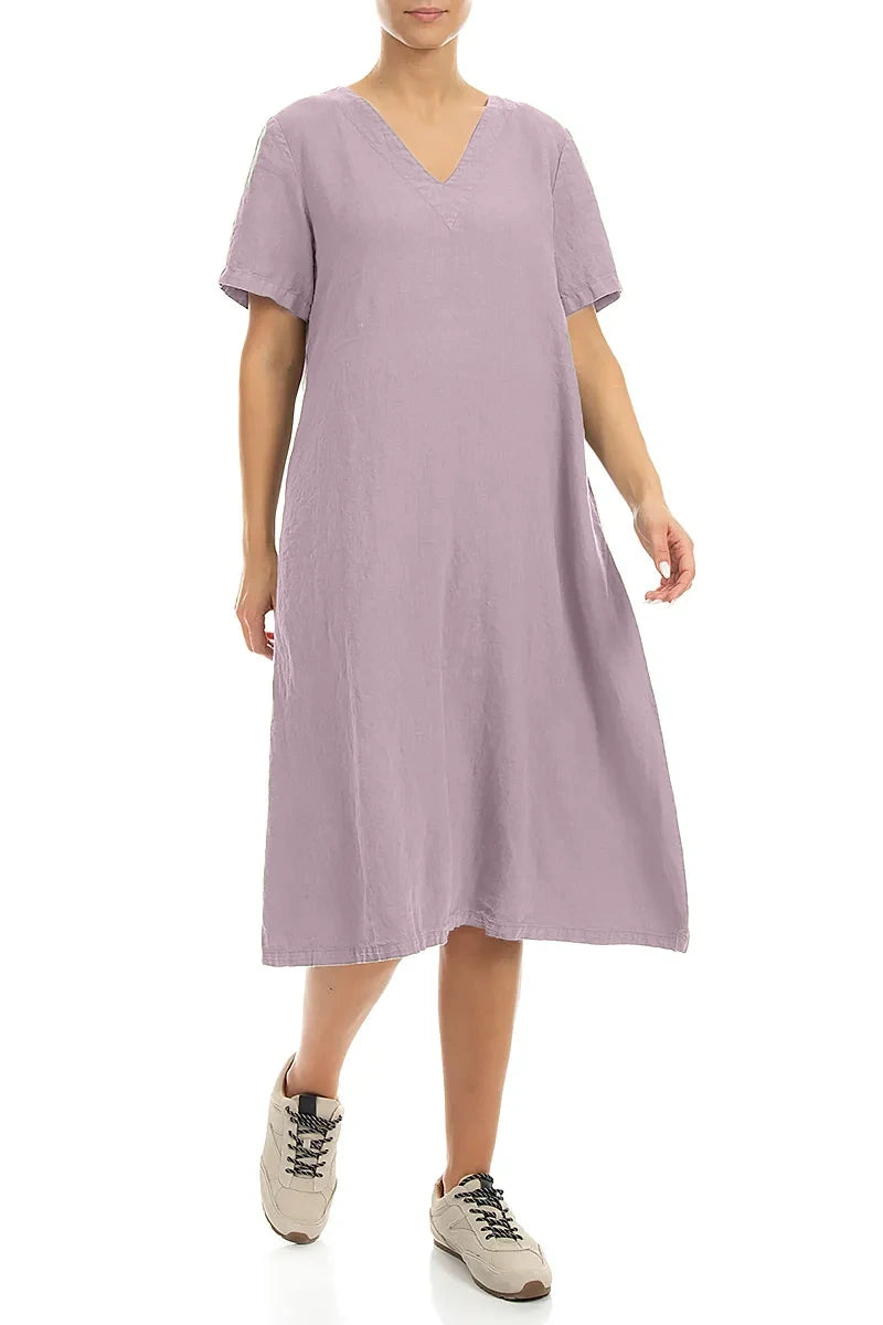 Flared V-Neck Lilac Linen Dress 4