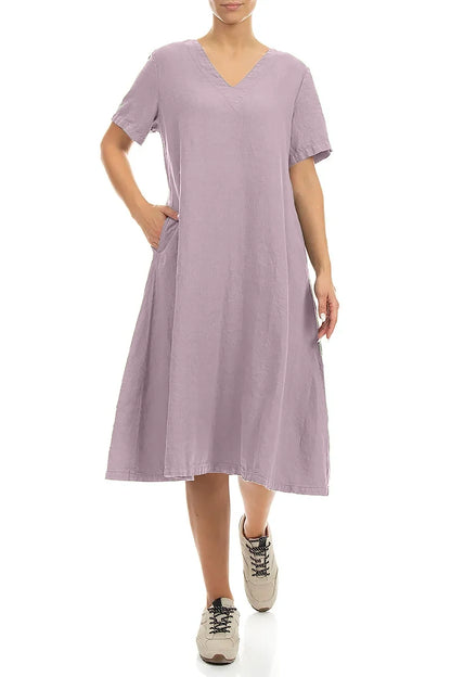 Flared V-Neck Lilac Linen Dress 3
