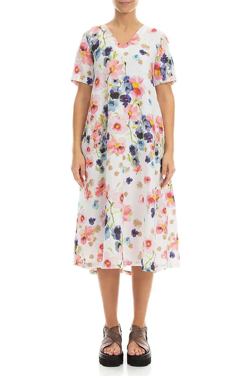 Flared V-Neck Primrose Linen Dress 1