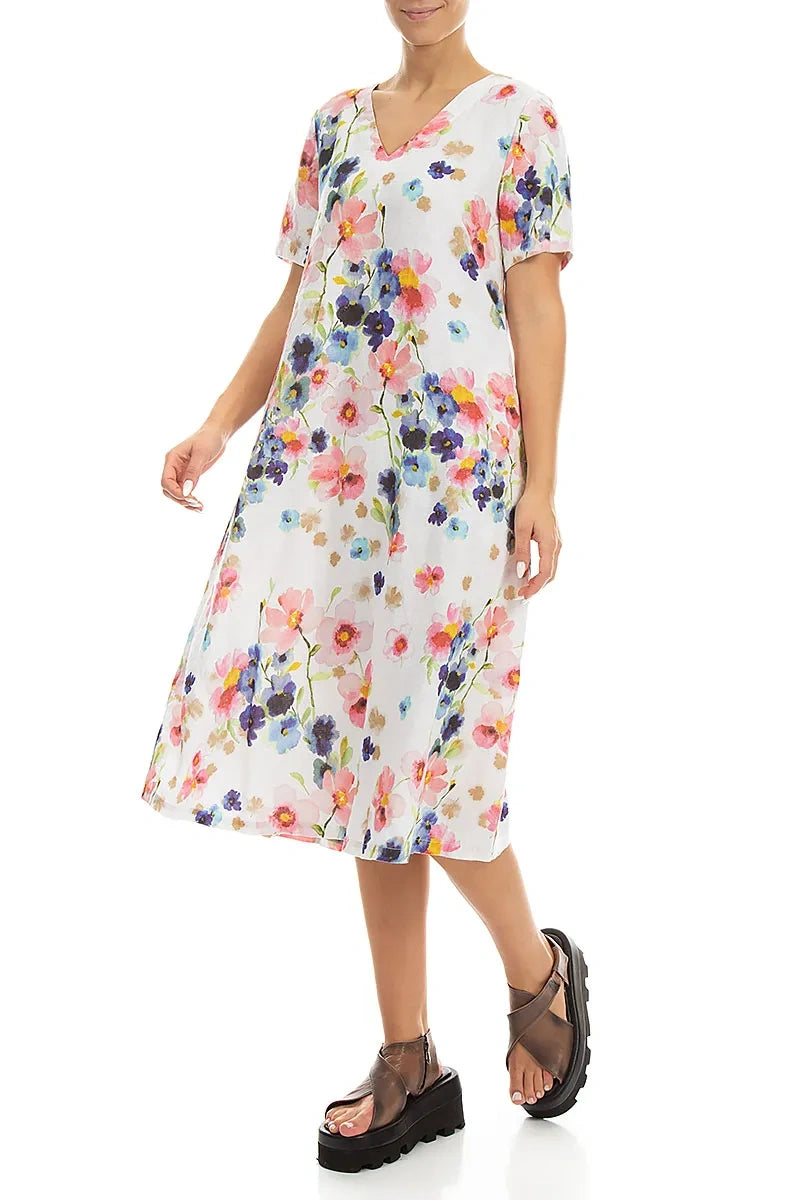 Flared V-Neck Primrose Linen Dress 3