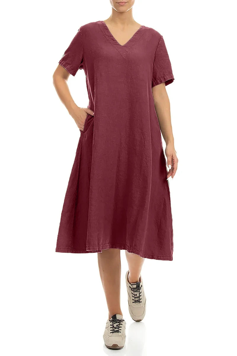 Flared V-Neck Antique Ruby Linen Dress 4
