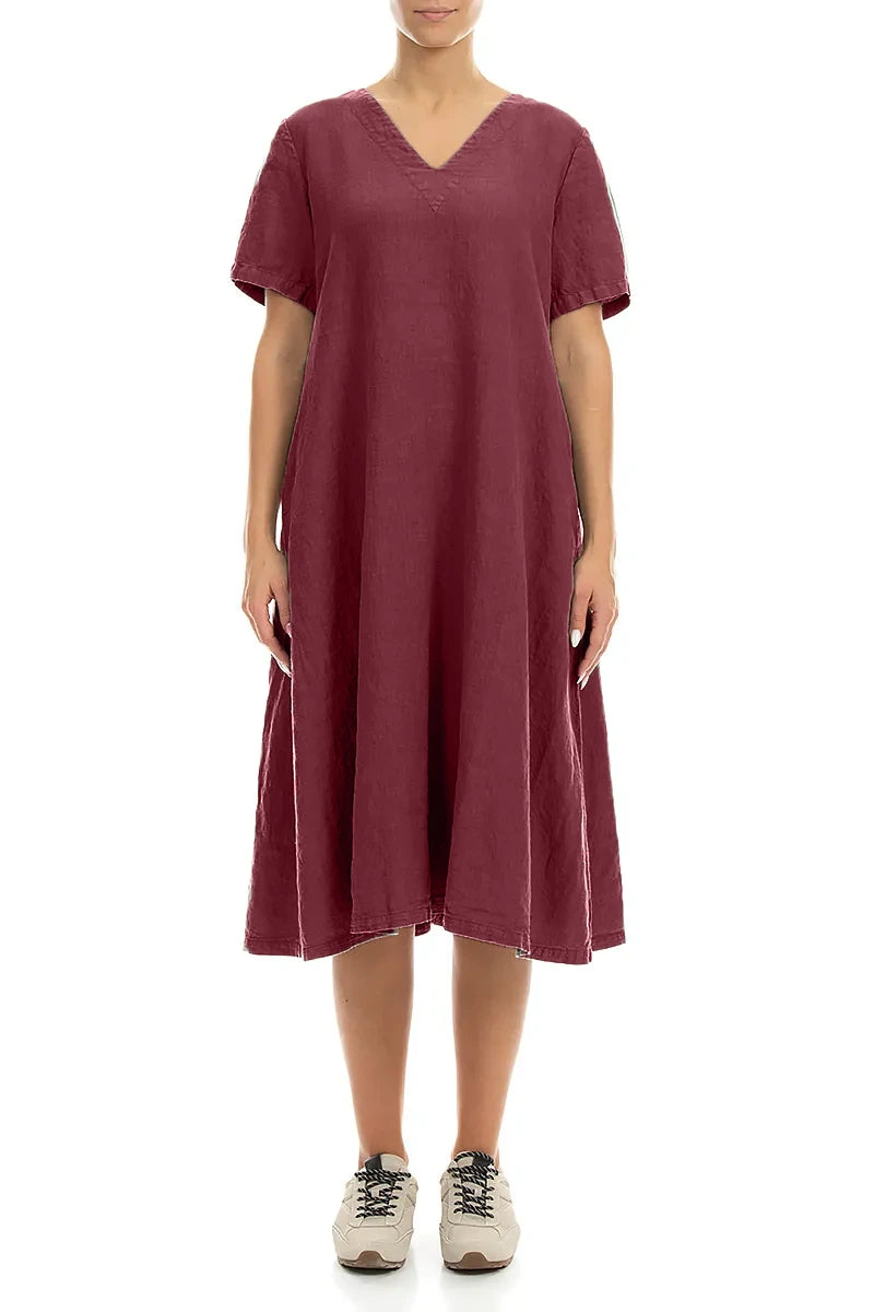 Flared V-Neck Antique Ruby Linen Dress 1