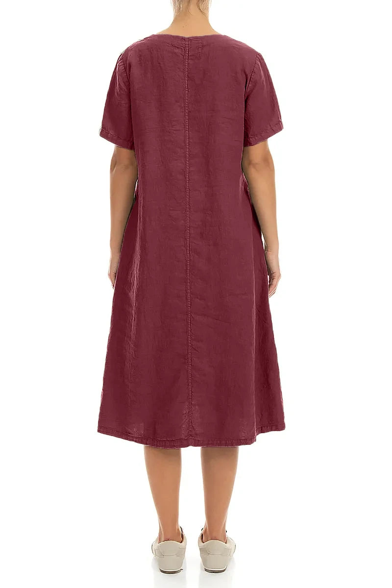 Flared V-Neck Antique Ruby Linen Dress 2