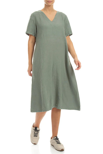 Flared V-Neck Sage Linen Dress 3