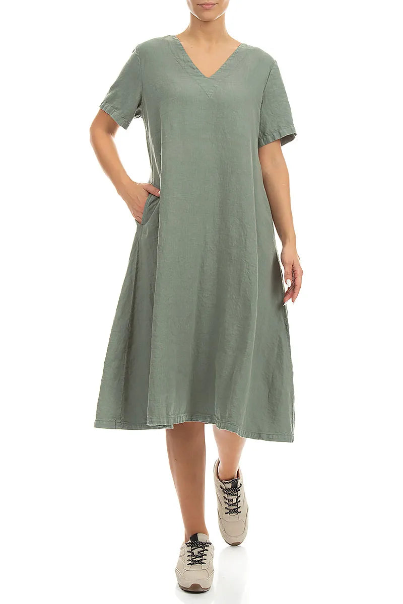 Flared V-Neck Sage Linen Dress 4
