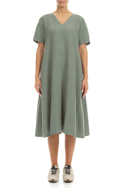 Flared V-Neck Sage Linen Dress 1