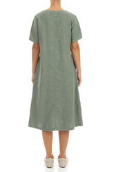 Flared V-Neck Sage Linen Dress 2