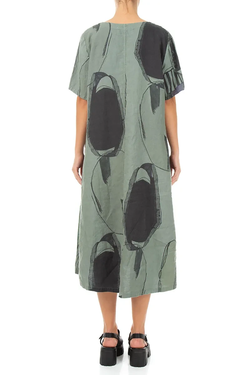 Flared V-Neck Sage Tumbled Stone Linen Dress 2