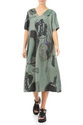 Flared V-Neck Sage Tumbled Stone Linen Dress 4