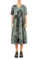 Flared V-Neck Sage Tumbled Stone Linen Dress 1