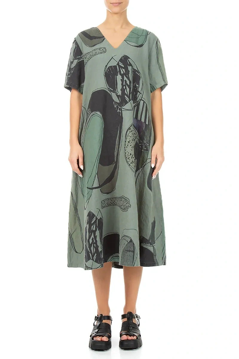 Flared V-Neck Sage Tumbled Stone Linen Dress 1