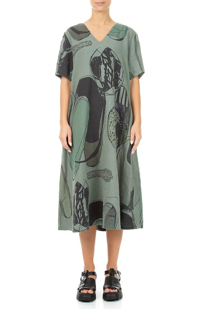 Flared V-Neck Sage Tumbled Stone Linen Dress 1