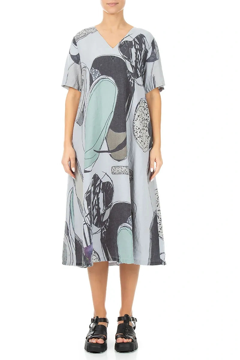 Flared V-Neck Silver Grey Tumbled Stone Linen Dress