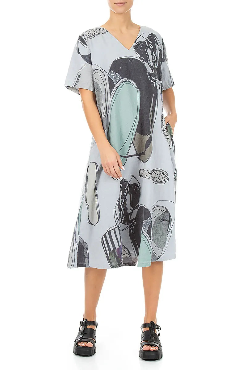 Flared V-Neck Silver Grey Tumbled Stone Linen Dress