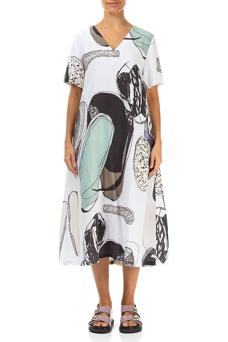 Flared V-Neck Tumbled Stone Linen Dress 1