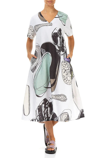 Flared V-Neck Tumbled Stone Linen Dress 4