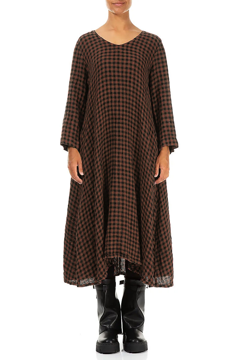 Floaty Aged Copper Check Linen Midi Dress 1