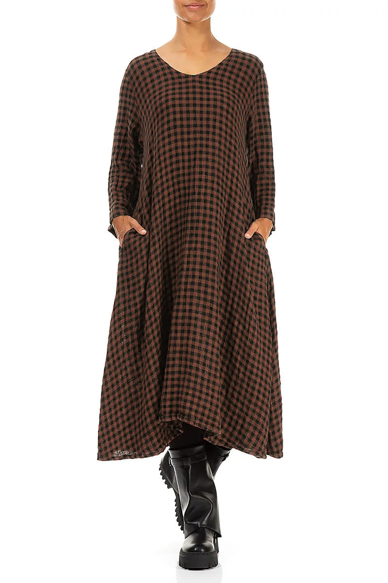 Floaty Aged Copper Check Linen Midi Dress 4