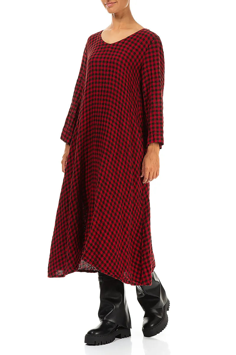 Floaty Red Check Linen Midi Dress 4