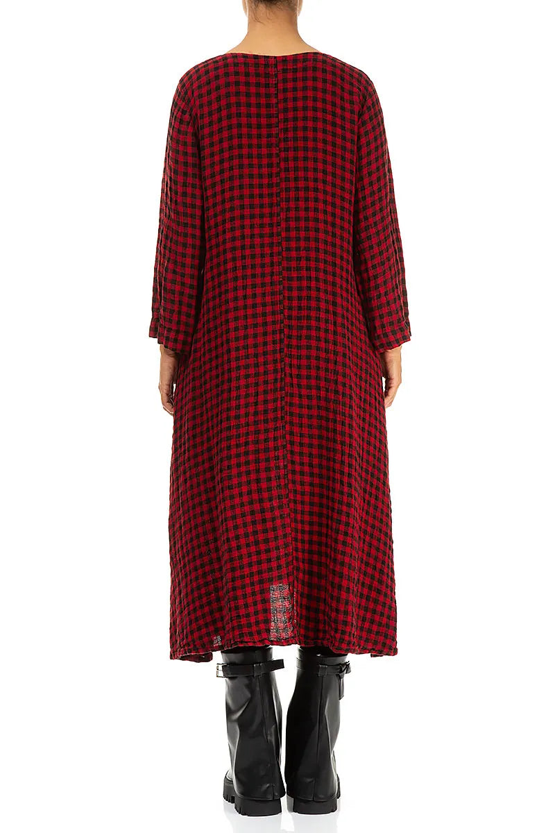 Floaty Red Check Linen Midi Dress 3