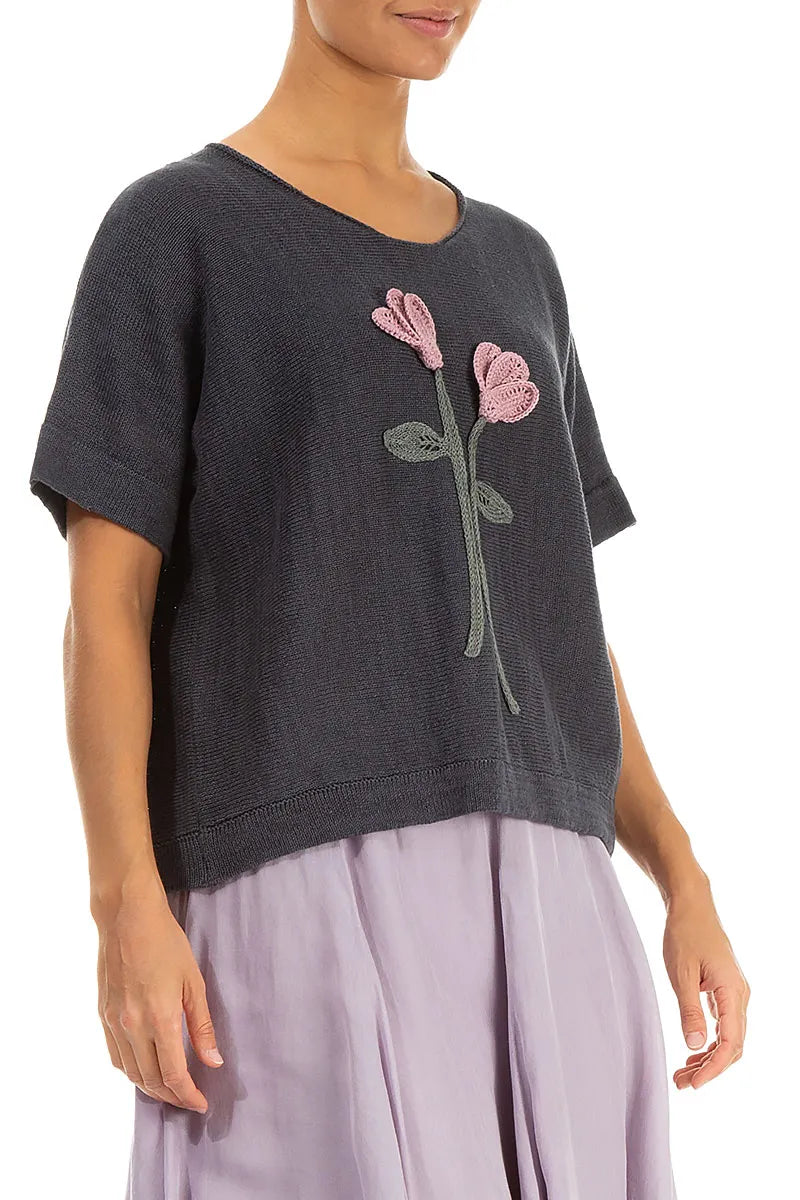 Floral Detail Graphite Linen Knit Blouse 4