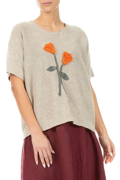 Floral Detail Natural Linen Knit Blouse 3