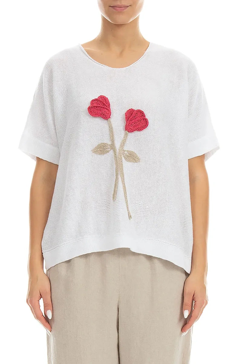 Floral Detail White Linen Knit Blouse 1