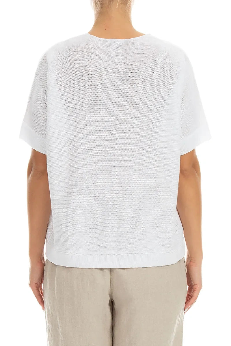 Floral Detail White Linen Knit Blouse 2