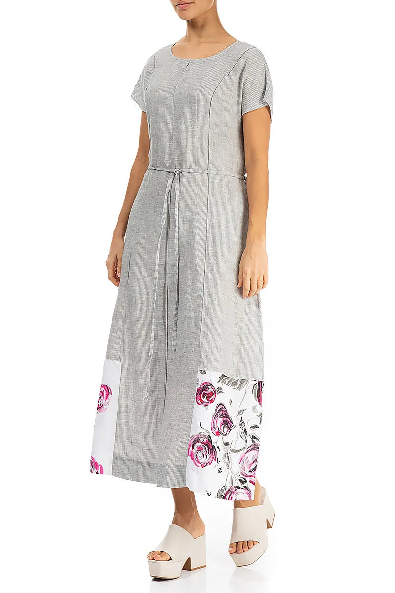 Floral Hem Grey Check Linen Dress 3